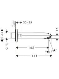 Чертёж Hansgrohe Излив для ванны Metris 165 мм 31494000