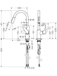 Чертёж Смеситель Hansgrohe Focus M41 для кухни 240мм, вытяжной повортный излив черн матовый 31815670