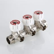 Коллектор VALTEC 3/4" на 3 выхода 1/2"Н с белыми регулирующими вентилями, латунь ник. VTc.570.N.0503
