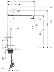 Чертёж Смеситель Hansgrohe Metris 31082000 для умывальника с высоким фиксированным изливом,донный клапан
