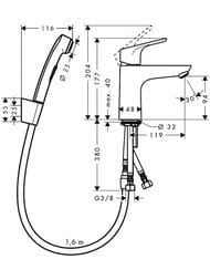 Чертёж Смеситель Hansgrohe Focus 31927000 для умывальника, с гиг.душем сливной клапан Push-Open 1 1/4",хр