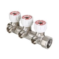 Коллектор VALTEC 3/4" на 3 выхода 1/2"Н с белыми регулирующими вентилями, латунь ник. VTc.570.N.0503