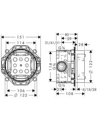 Чертёж Смеситель Hansgrohe Metris 31456000+01800180 для душа, встраиваемый (внешняя и внутренняя часть)