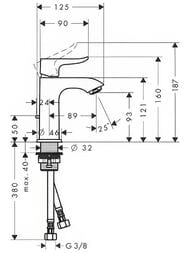 Чертёж Смеситель Hansgrohe Metris 31088000 для умывальника с фиксированным изливом, донным клапаном, хром