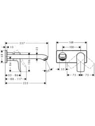 Чертёж Смеситель Hansgrohe Metris 31086000 для умывальника, встраиваемый, двухсекционный, излив 225мм,хром