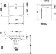 Умывальник медицинский DURAVIT DuraStyle 650х570х170 б/о под смес., без перелива 2330650070