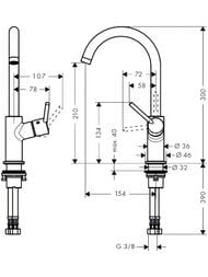 Чертёж Смеситель Hansgrohe Talis 32082000 для умывальника с поворотным изливом, хром