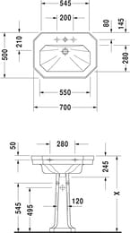 Умывальник DURAVIT 1930 Series 700х500х245 1отв.,2 намечен. под смес., перелив 0438700000