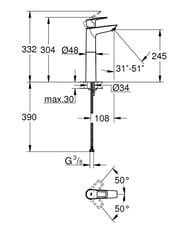 Смеситель для раковины Grohe BauLoop 245 мм, фикс. излив, XL-Size, хром 23764001