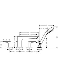 Чертёж Смеситель Hansgrohe Talis E 71748990 на борт ванны на 4 отверстия, внешняя часть, полиров золото