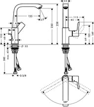 Смеситель Hansgrohe Metris 31087 для умывальника с высоким поворотным изливом, донным клапаном