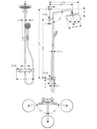 Чертёж Душевая система Hansgrohe Croma 220 Showerpipe 27188000 9л/мин термостат,повор. держатель 400мм,хром