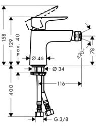 Чертёж Смеситель Hansgrohe Talis E 71721000 для биде, однохзахватный, со сливным клапаном push-open, хром