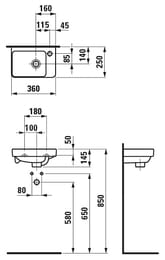 Раковина Laufen PRO S 8.1596.0.000.104.1 (360х250х145) подвесная асимметричная, отверстие под смеситель справа