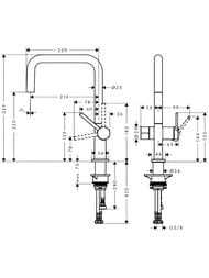 Чертёж Смеситель Hansgrohe Talis M54 для кухни U 220 с запорным вентилем, 1jet сталь 72807800