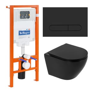 Инсталляция BelBagno + подвесной безободковый унитаз с сиденьем COLORATO + кнопка смыва, цвет:черный BB062CHR-MB/BB062SC-MB/BB002-80/BB007-PR-NERO.M