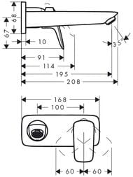 Чертёж Смеситель Hansgrohe Logis 71220000 для умывальника встраиваемый, однозахватный, излив 195мм, хром