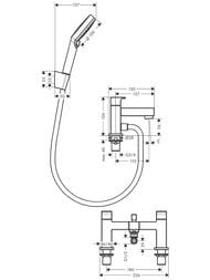 Чертёж Смеситель на борт ванны Hansgrohe Vernis Shape 71462000 на 2 отверстия, двухзахватный, руч.душ, хром