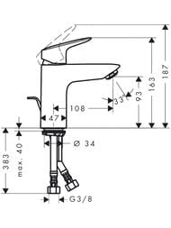 Чертёж Смеситель Hansgrohe Logis 71100000 для умывальника, фиксированный излив, донный клапан