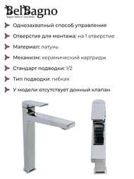 Смеситель для раковины BelBagno ARDENTE-LMC-CRM-W0 однозахватный, высокий излив 237мм, хром — изображение 3