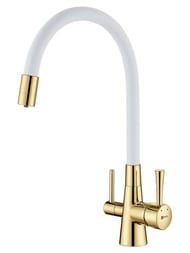 Смеситель для кухни Lemark COMFORT LM3075G-White гибкий излив, канал для питьевой воды, белый/золото