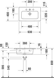Умывальник DURAVIT ME by Starck 630х400 отверстие под смеситель, перелив 2342630000