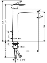 Чертёж Смеситель Hansgrohe Talis E 71716000 для раковины со сливным гарнитуром, однорычажный, хром