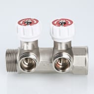 Коллектор VALTEC 3/4" на 2 выхода 1/2"Н с белыми регулирующими вентилями, латунь ник. VTc.570.N.0502