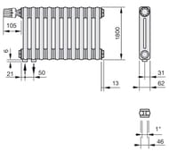 Радиатор Zehnder Charleston 2180 двухтрубчатый 10 секций, нижнее подключение 1/2", 1926Вт, белый