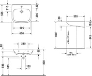 Умывальник DURAVIT D-CODE 600х555х155 безбарьерный, 1 отв. под смес., перелив 23126000002