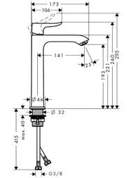 Чертёж Смеситель Hansgrohe Metris 31185000 для умывальника однорычажный с высоким изливом, хром