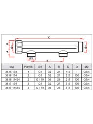 Коллектор FAR 1.1/4"ВН на 3 отвода 3/4"Н, меж.осевое 100мм, FK 3617 11434 — изображение 2