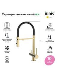 Смеситель Iddis ACE для кухни, с каналом для фильтров. воды, гибкий излив, золото матовое ACEMGFFi05
