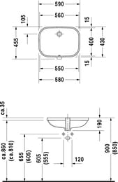 Умывальник встраиваемый снизу DURAVIT D-CODE 560х400х190 без площ.под смес,перелив 0338560000