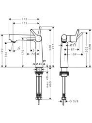 Чертёж Смеситель Hansgrohe Talis S 72113000 для раковины, однорычажный, с донным клапаном, хром