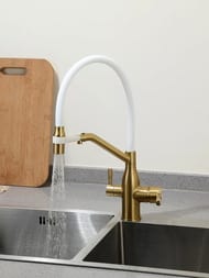 Смеситель для кухни с гибким изливом и подключением фильтра для питьевой воды , FRAP сатин золотой, — изображение 15