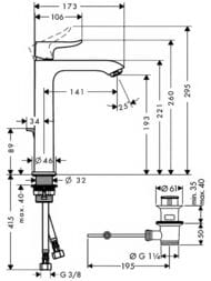 Чертёж Смеситель Hansgrohe Metris 31183000 для умывальника с высоким изливом и донным клапаном, хром