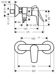 Чертёж Смеситель Hansgrohe Talis E 71760700  для душа однорычажный, настенный, белый матовый