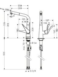 Чертёж Смеситель Hansgrohe Metris M71 для кухни 320мм вытяжной излив 1 тип струи хром 14821000