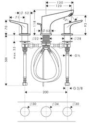 Чертёж Смеситель Hansgrohe Focus 31937 на борт ванны, двухзахватный, 3 отверстия, хром