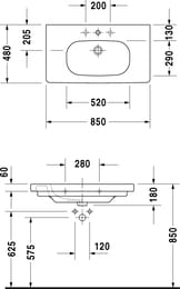 Умывальник медицинский DURAVIT D-CODE 850х480х180 1 отв. под смес., без перелива 03528500002