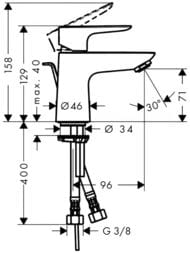 Чертёж Смеситель Hansgrohe Talis E 71705000 LowFlow 3,5 л/мин для умывальника, с донным клапаном, хром