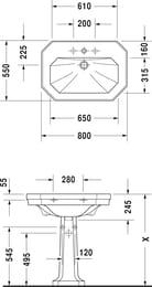 Умывальник DURAVIT 1930 Series 800х550х245 1 отв.,2 намеч. под смес., перелив 0438800000