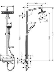 Чертёж Душевая система Hansgrohe Croma E 280 Showerpipe 27660000 с термостатом, для душа, EcoSmart, хром