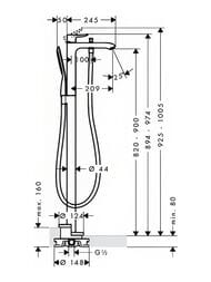 Чертёж Смеситель Hansgrohe Metris 31471000 для ванны/душа, напольный, однозахватный, хром
