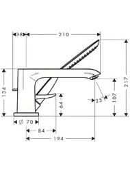 Чертёж Смеситель Hansgrohe Metris 31190000 на борт ванны, 3 отверстия, с ручным душем, внешняя часть, хром