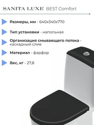Унитаз компакт Sanita Luxe BEST Comfort (640x340x770) сиденье из дюропласта, микролифт, белый/черный WC.CC/Best/2-DM/BLK.G/S1