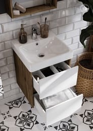 %Тумба под умывальник AQUATON Сканди 45 1A251601SDZ90 432x427x522 2 ящика, белый глянец/дуб рустика