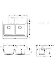 Чертёж Мойка из гранита Hansgrohe S51 43316290 (880х500) врезная, отвер.под смес., серый камень