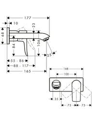 Чертёж Смеситель Hansgrohe Metris 31085000 для умывальника, встраиваемый, двухсекционный, излив 165мм, хром